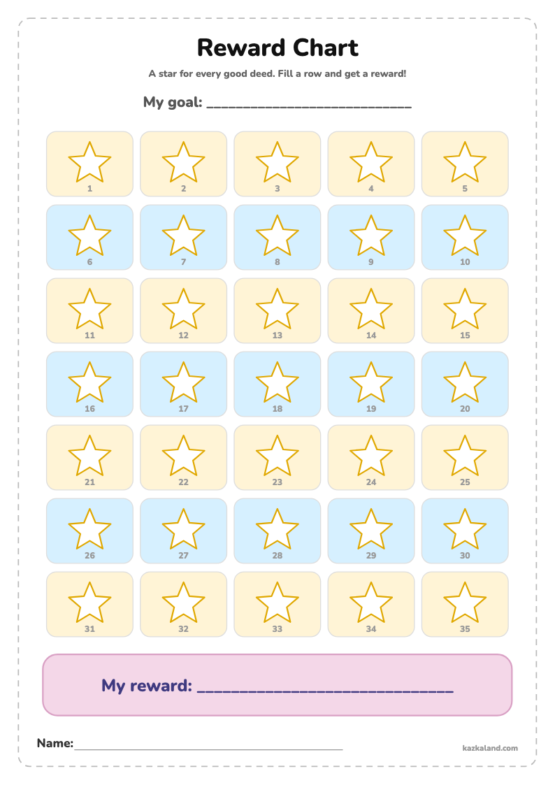 Reward Chart for Kids: printable A4 sheet for kids, ready to print or fill in online