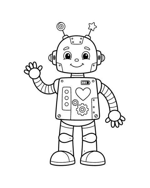 Robot coloring page for kids: a printable black and white outline picture with thick lines and big areas to color, ready for A4