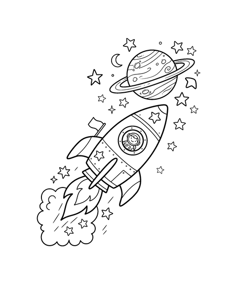 Rocket coloring page for kids: a printable black and white outline picture with thick lines and big areas to color, ready for A4