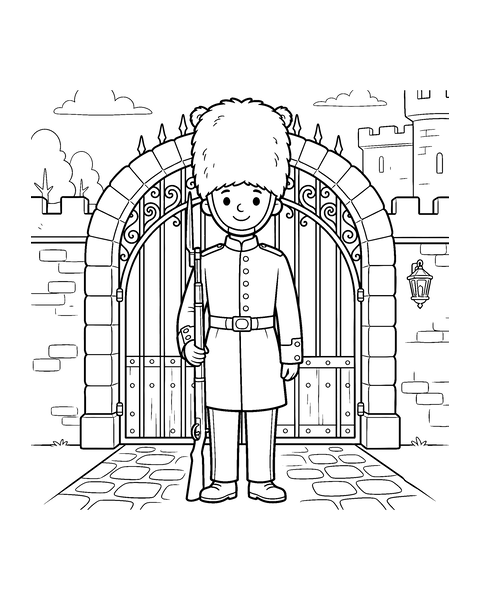Royal Guard coloring page for kids: a printable black and white outline picture with thick lines and big areas to color, ready for A4