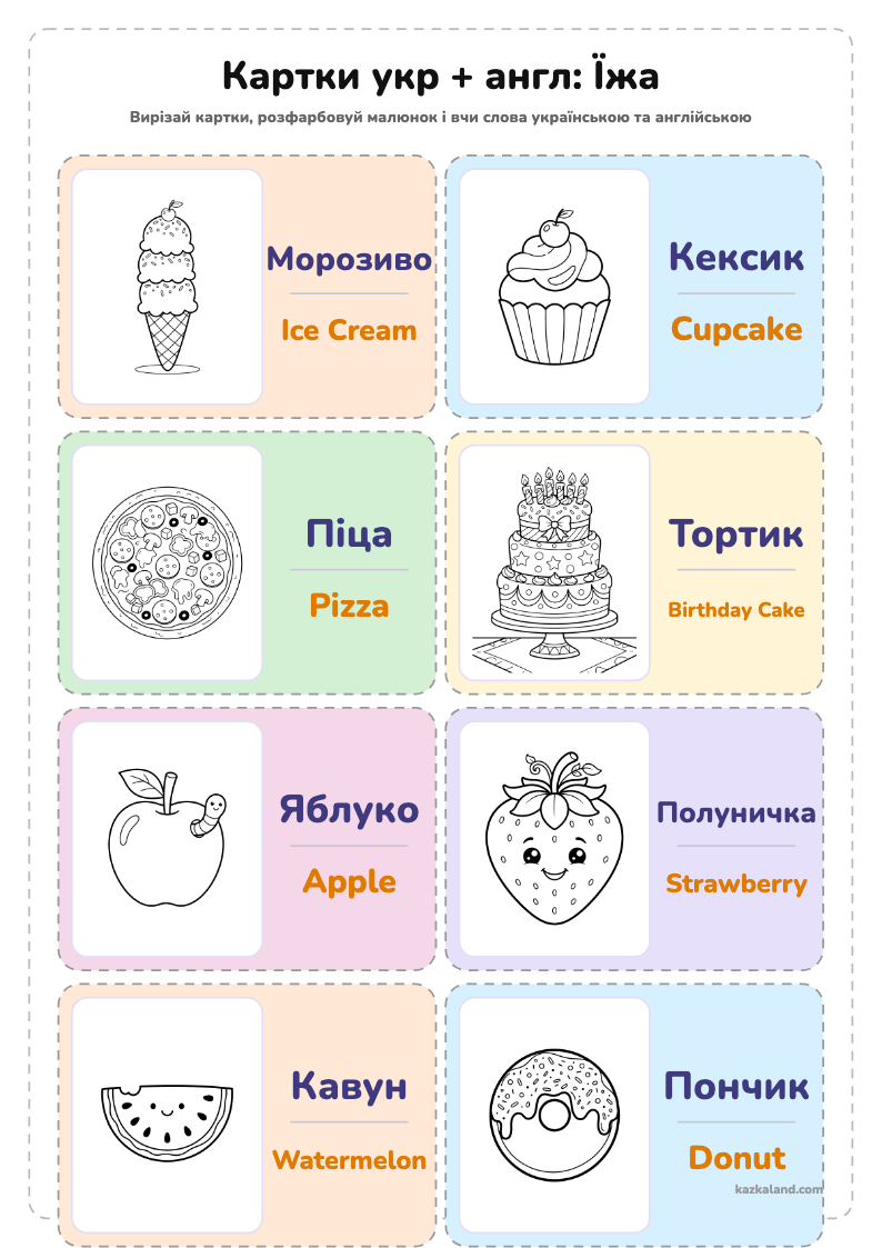 Картки укр + англ: Їжа - аркуш для друку A4