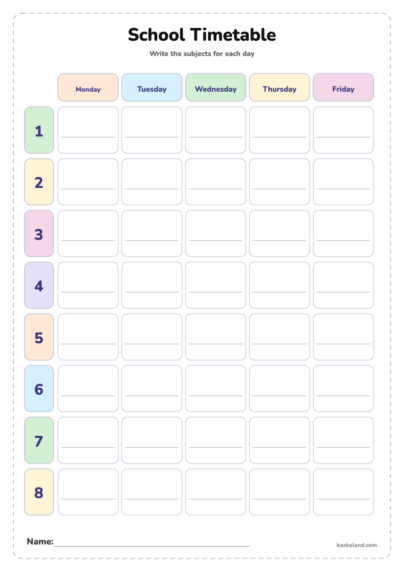 School Timetable Template for Kids: printable A4 sheet for kids, ready to print or fill in online