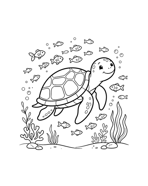 Sea Turtle coloring page for kids: a printable black and white outline picture with thick lines and big areas to color, ready for A4