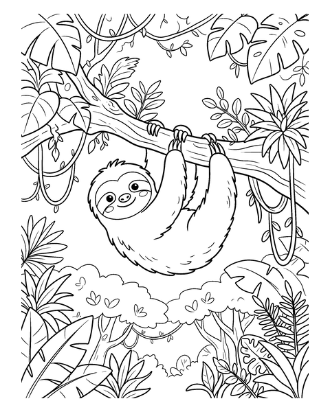 Sloth coloring page for kids: a printable black and white outline picture with thick lines and big areas to color, ready for A4