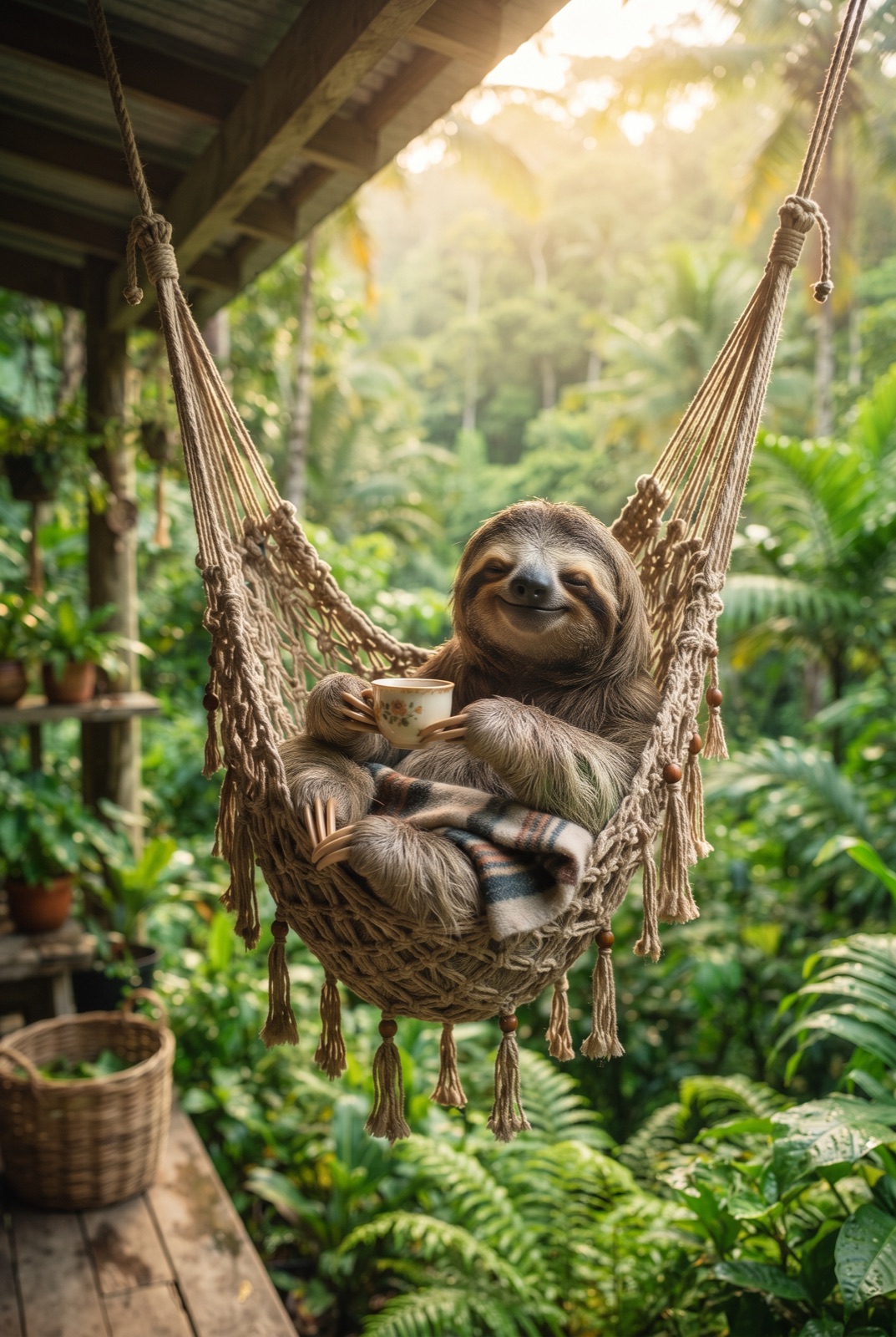 Sloth in a Hammock with Tea: A smiling sloth swings in a hammock on a jungle porch holding a tiny cup of tea.