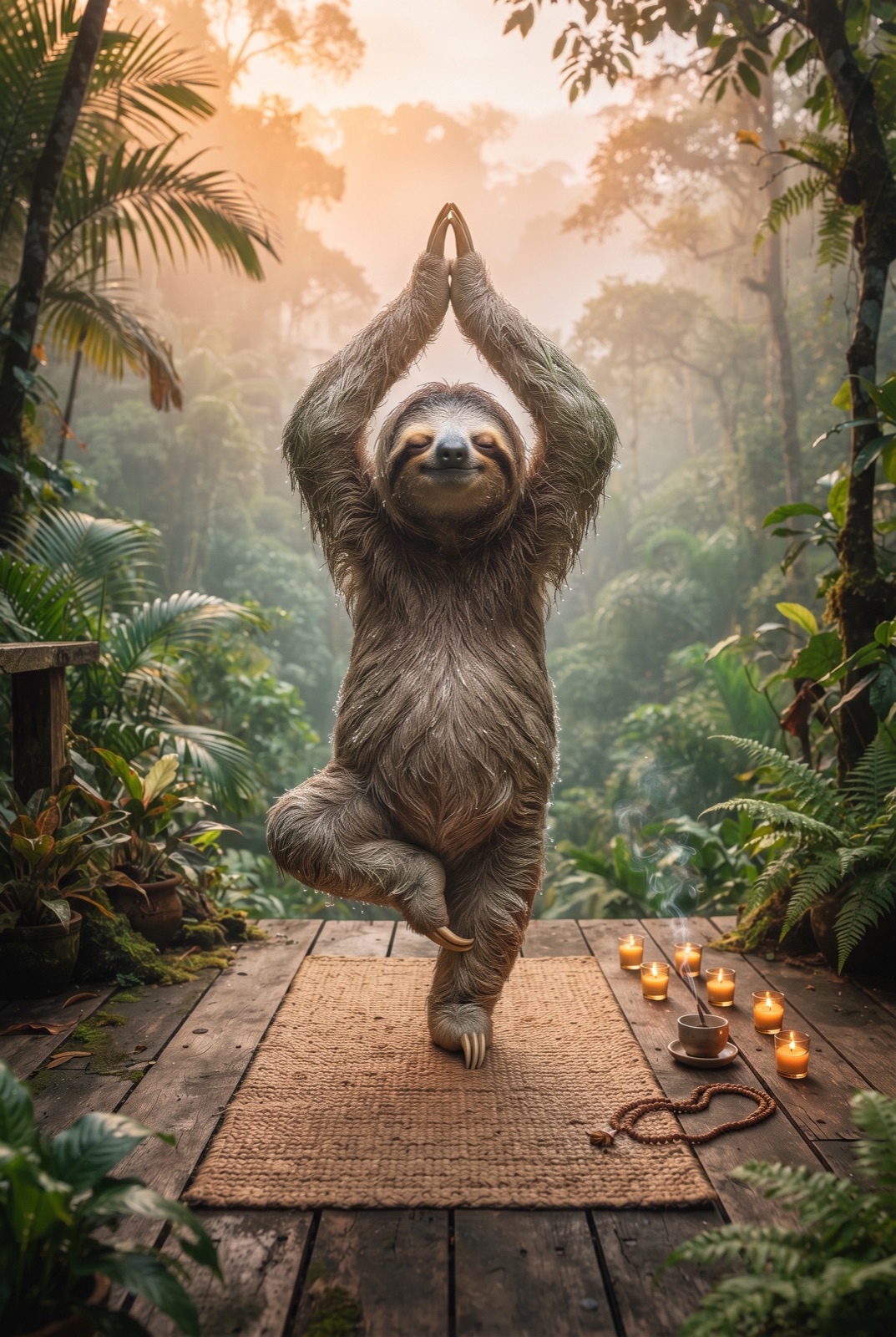 Sloth Doing Yoga at Sunrise: A calm sloth strikes a yoga pose on a mat on a jungle deck at sunrise with soft mist and candles around.