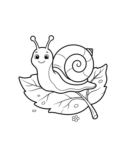Snail coloring page for kids: a printable black and white outline picture with thick lines and big areas to color, ready for A4