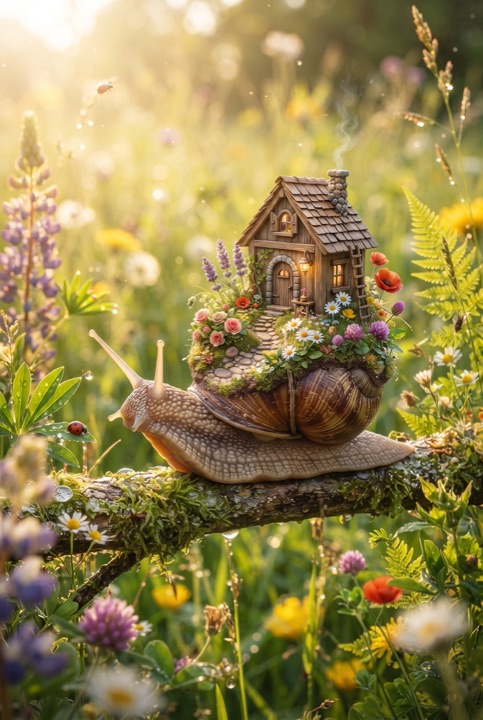 Snail with a Garden on Its Shell: A snail carries a whole little garden with flowers and a tiny house on its shell across a sunny meadow.