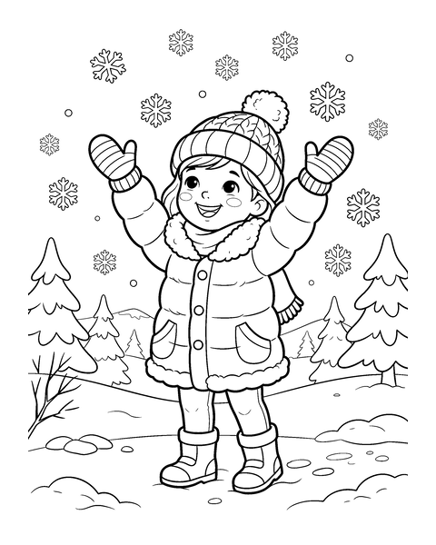 Snow Girl in a Winter Coat coloring page for kids: a printable black and white outline picture with thick lines and big areas to color, ready for A4