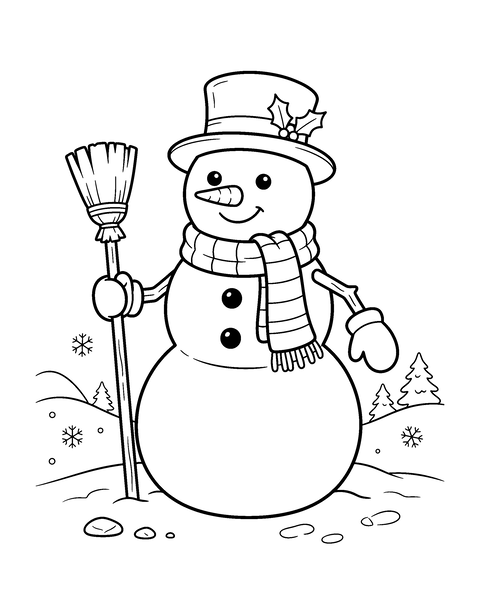 Snowman coloring page for kids: a printable black and white outline picture with thick lines and big areas to color, ready for A4