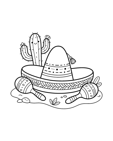 Sombrero and Maracas coloring page for kids: a printable black and white outline picture with thick lines and big areas to color, ready for A4