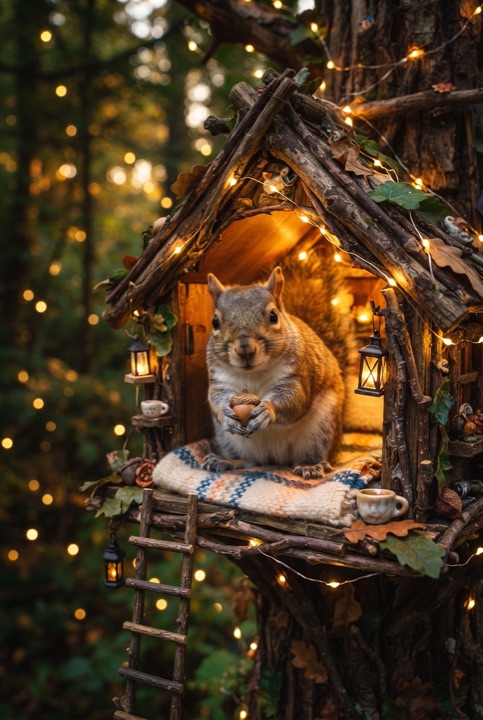 Squirrel in a Treehouse with Fairy Lights: A squirrel sits in a cozy treehouse with fairy lights and a tiny blanket as the forest sinks into dusk.