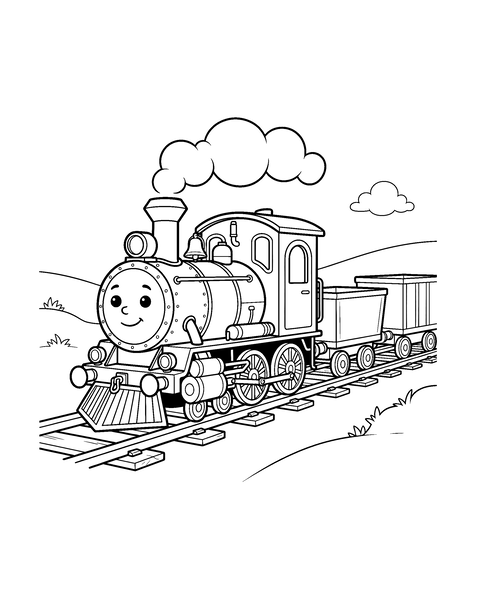 Steam Train coloring page for kids: a printable black and white outline picture with thick lines and big areas to color, ready for A4