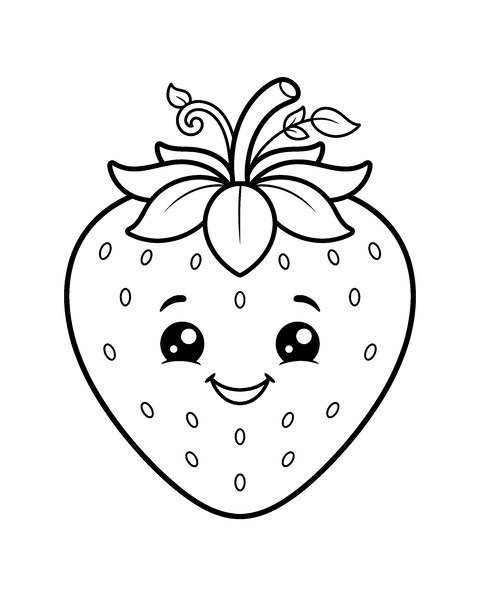 Strawberry coloring page for kids: a printable black and white outline picture with thick lines and big areas to color, ready for A4