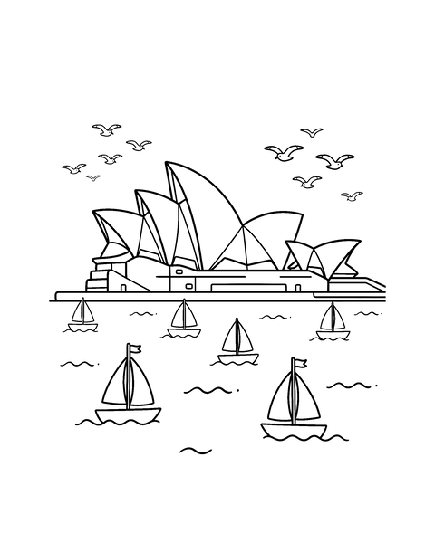 Sydney Opera House coloring page for kids: a printable black and white outline picture with thick lines and big areas to color, ready for A4