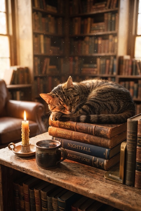 Tabby Cat Asleep on a Stack of Books: A tabby cat sleeps on a stack of old books beside a candle and a cup of coffee in warm library light.