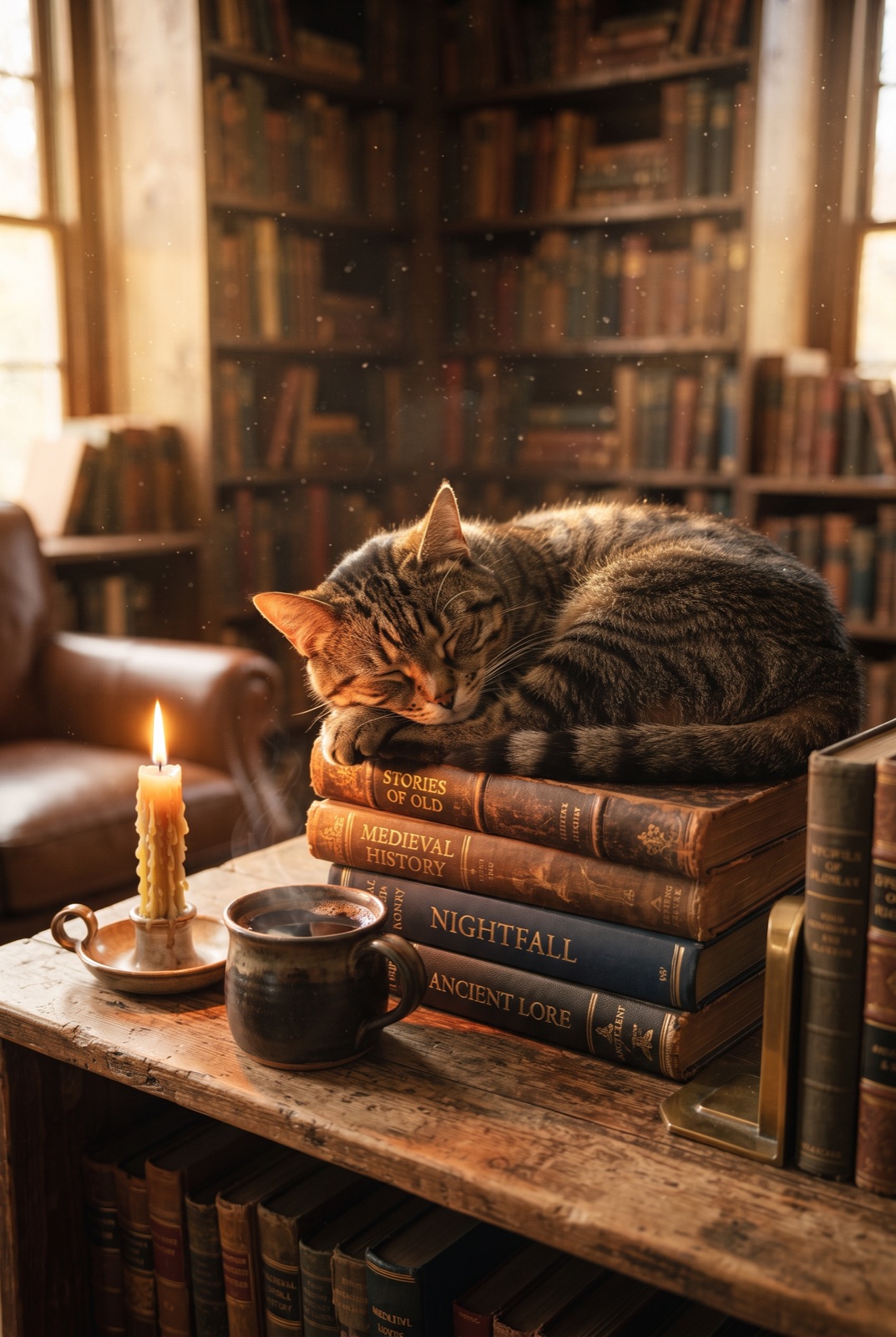 Tabby Cat Asleep on a Stack of Books: A tabby cat sleeps on a stack of old books beside a candle and a cup of coffee in warm library light.