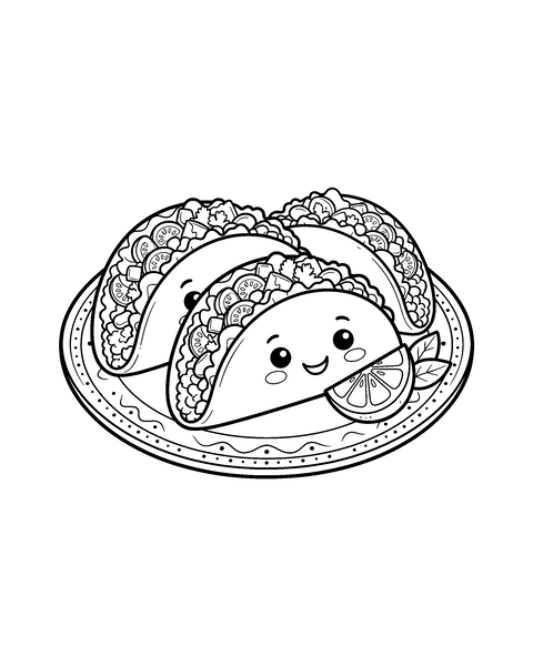 Tacos coloring page for kids: a printable black and white outline picture with thick lines and big areas to color, ready for A4