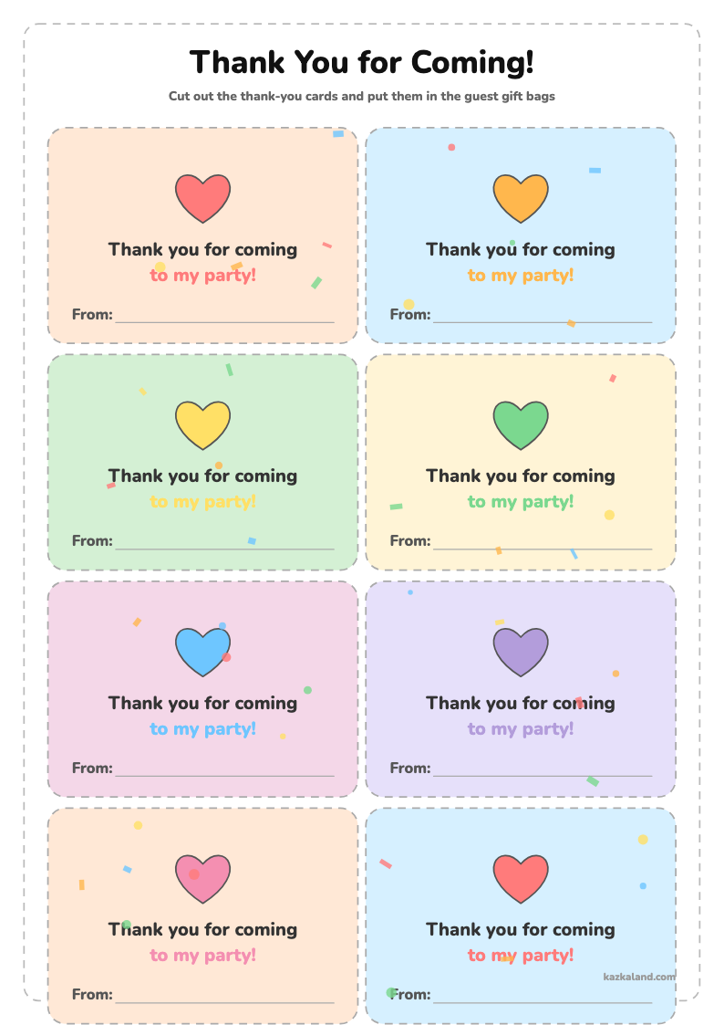 Thank You Cards for Party Guests: printable A4 sheet for kids, ready to print or fill in online