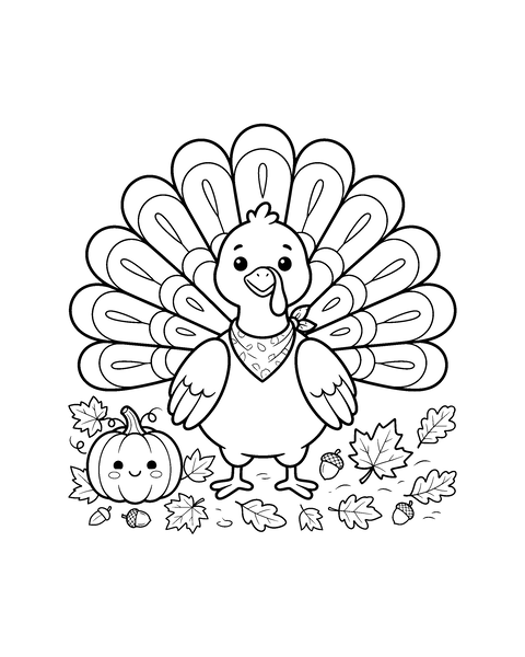 Thanksgiving Turkey coloring page for kids: a printable black and white outline picture with thick lines and big areas to color, ready for A4