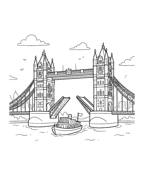 Tower Bridge coloring page for kids: a printable black and white outline picture with thick lines and big areas to color, ready for A4