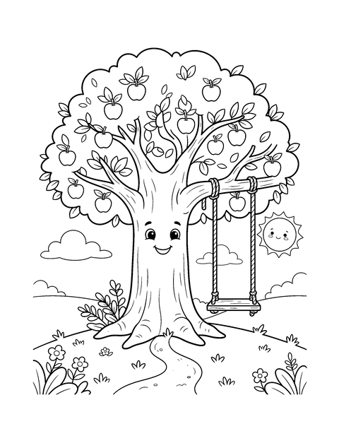 Tree coloring page for kids: a printable black and white outline picture with thick lines and big areas to color, ready for A4