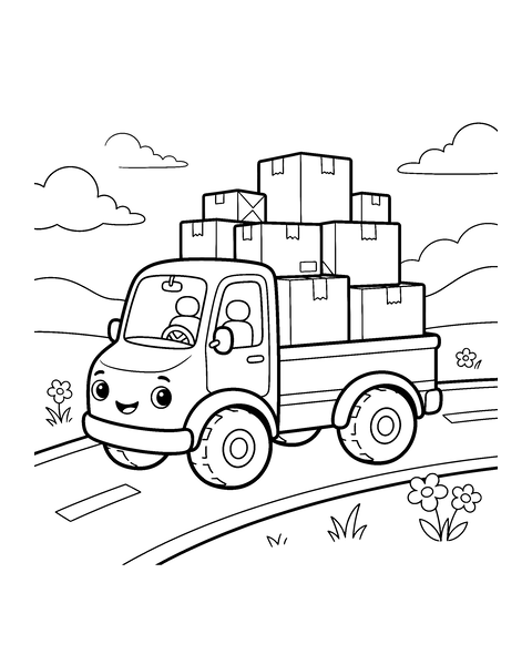Truck coloring page for kids: a printable black and white outline picture with thick lines and big areas to color, ready for A4