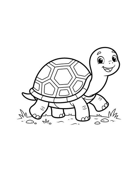 Turtle coloring page for kids: a printable black and white outline picture with thick lines and big areas to color, ready for A4