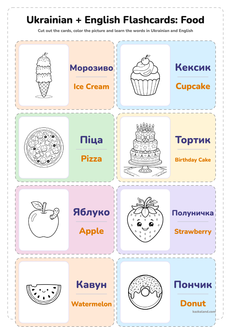 Ukrainian and English Picture Flashcards: Food: printable A4 sheet for kids, ready to print or fill in online