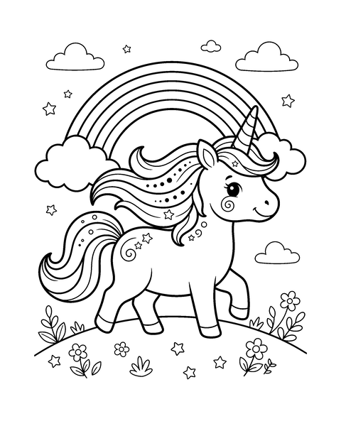 Unicorn coloring page for kids: a printable black and white outline picture with thick lines and big areas to color, ready for A4