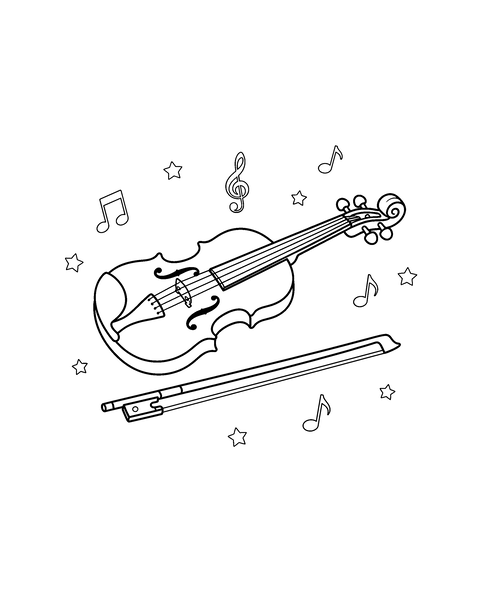 Violin coloring page for kids: a printable black and white outline picture with thick lines and big areas to color, ready for A4