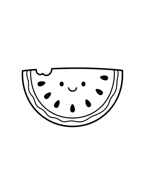 Watermelon coloring page for kids: a printable black and white outline picture with thick lines and big areas to color, ready for A4
