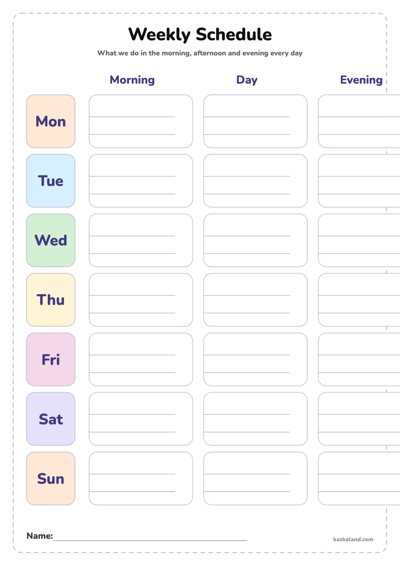 Weekly Schedule for Kids: printable A4 sheet for kids, ready to print or fill in online