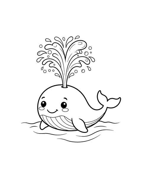 Whale coloring page for kids: a printable black and white outline picture with thick lines and big areas to color, ready for A4