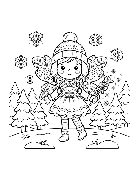 Winter Fairy coloring page for kids: a printable black and white outline picture with thick lines and big areas to color, ready for A4