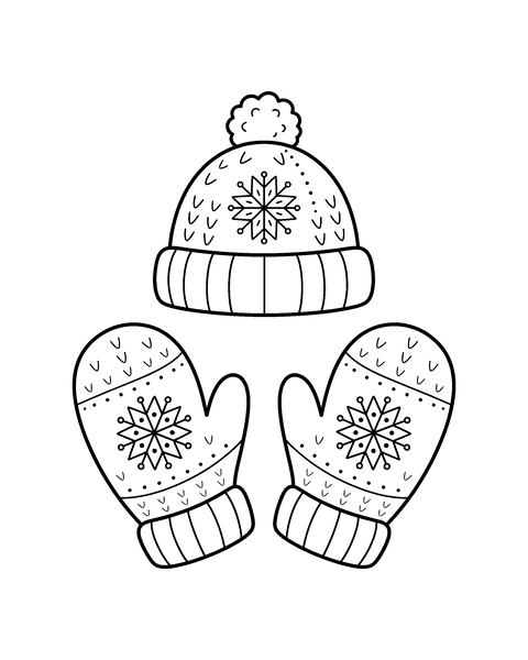 Winter Mittens and Hat coloring page for kids: a printable black and white outline picture with thick lines and big areas to color, ready for A4