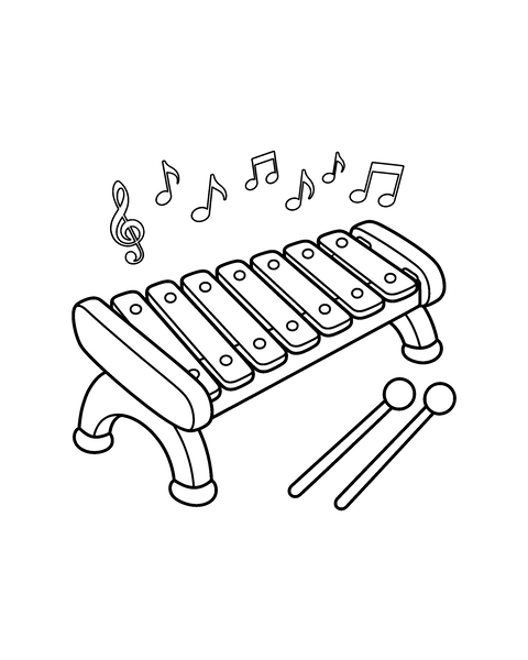 Xylophone coloring page for kids: a printable black and white outline picture with thick lines and big areas to color, ready for A4