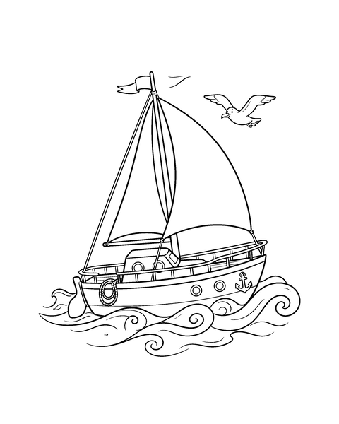 Yacht coloring page for kids: a printable black and white outline picture with thick lines and big areas to color, ready for A4