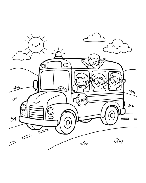 Yellow School Bus coloring page for kids: a printable black and white outline picture with thick lines and big areas to color, ready for A4