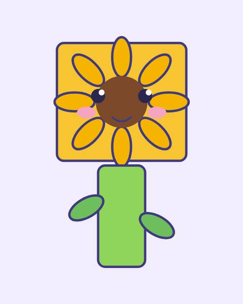 Yellow Sunflower paper craft template for kids: a printable color A4 sheet with cut lines, fold lines and glue tabs, plus a preview of the finished cube toy