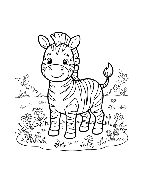 Zebra coloring page for kids: a printable black and white outline picture with thick lines and big areas to color, ready for A4